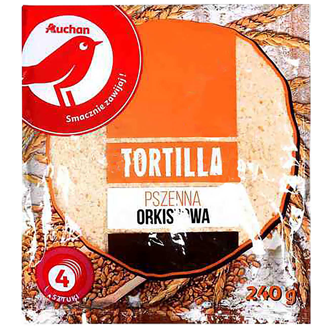 Auchan Kedvenc Tortilla lapok búzalisztből és teljes kiőrlésű tönkölybúzalisztből 240 g A csomagolás 4 db tortilla lapot tartalmaz