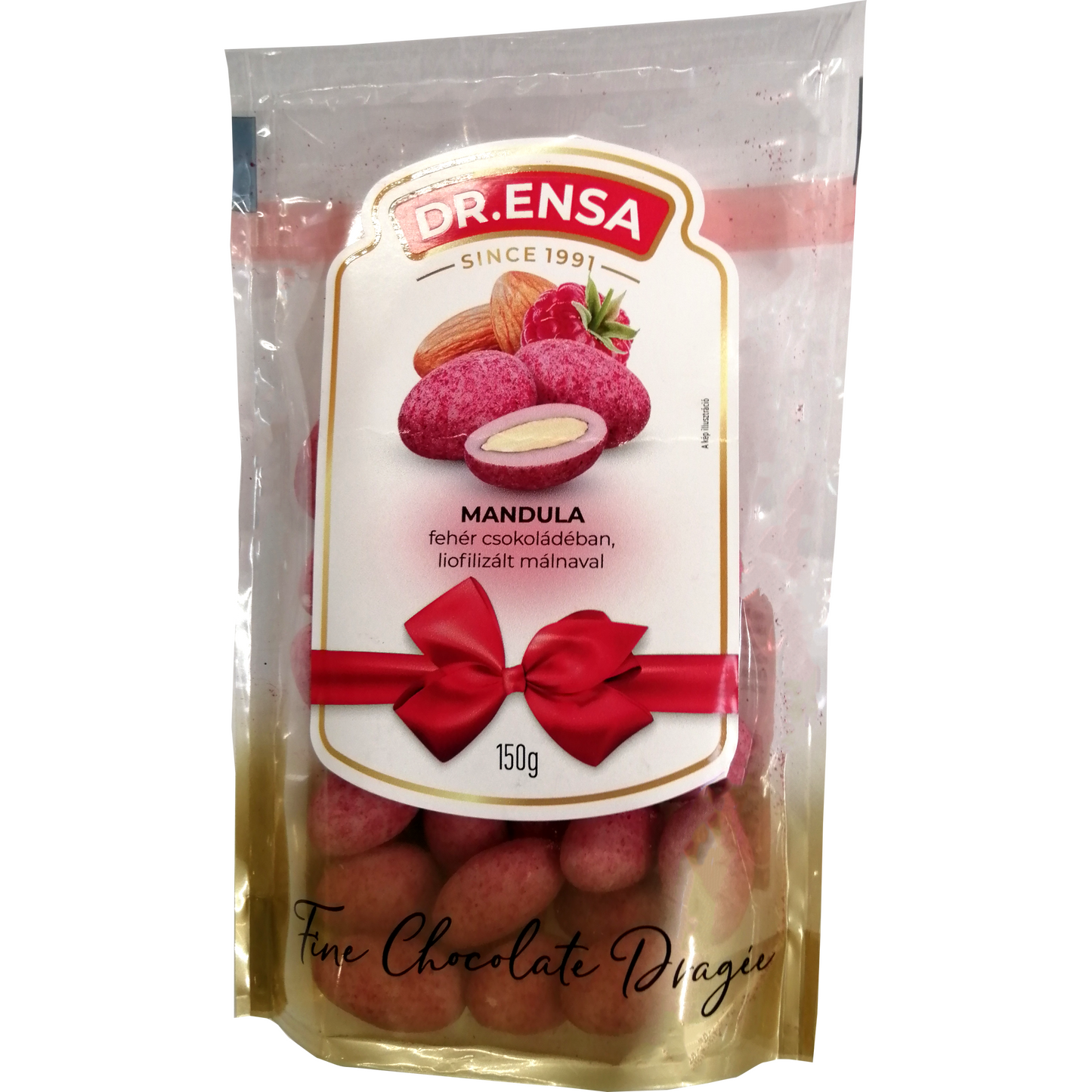 Pörkölt mandula fehér csokoládé-liofilizált málna bevonattal 150 g