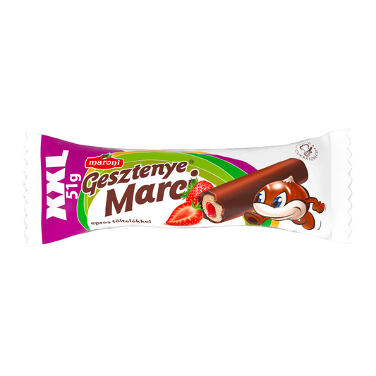 Maroni Gesztenye Marci gesztenyerúd kakaós bevonómasszával mártva epres töltelékkel 51 g