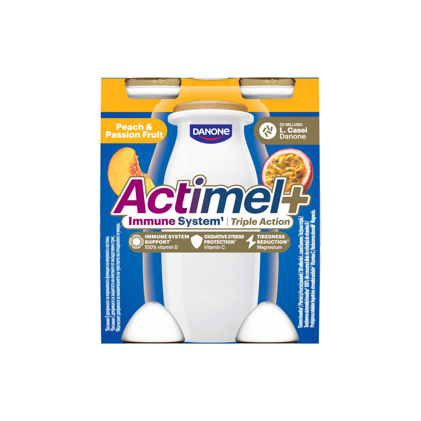 Danone Actimel+ őszibarack- és maracujaízű zsírszegény joghurtalapú ital 4 x 100 g (400 g)