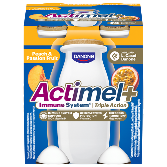 Danone Actimel+ őszibarack- és maracujaízű zsírszegény joghurtalapú ital 4 x 100 g (400 g)