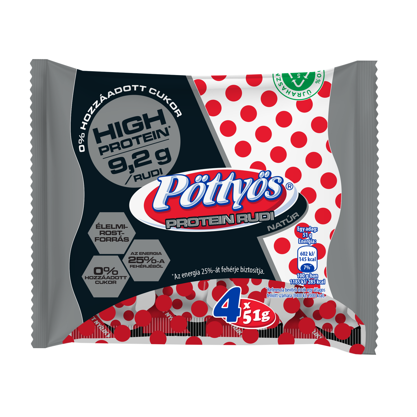 Pöttyös Protein Turó Rudi natúr túródesszert kakaós étbevonattal, édesítőszerekkel 4 x 51 g (204 g)
