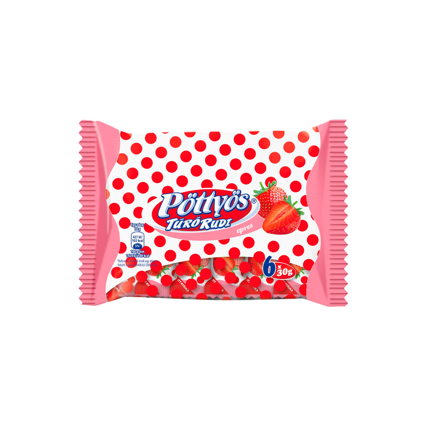 Pöttyös Túró Rudi desszertkészítmény kakaós étbevonattal, epres töltelékkel 6 x 30 g (180 g)