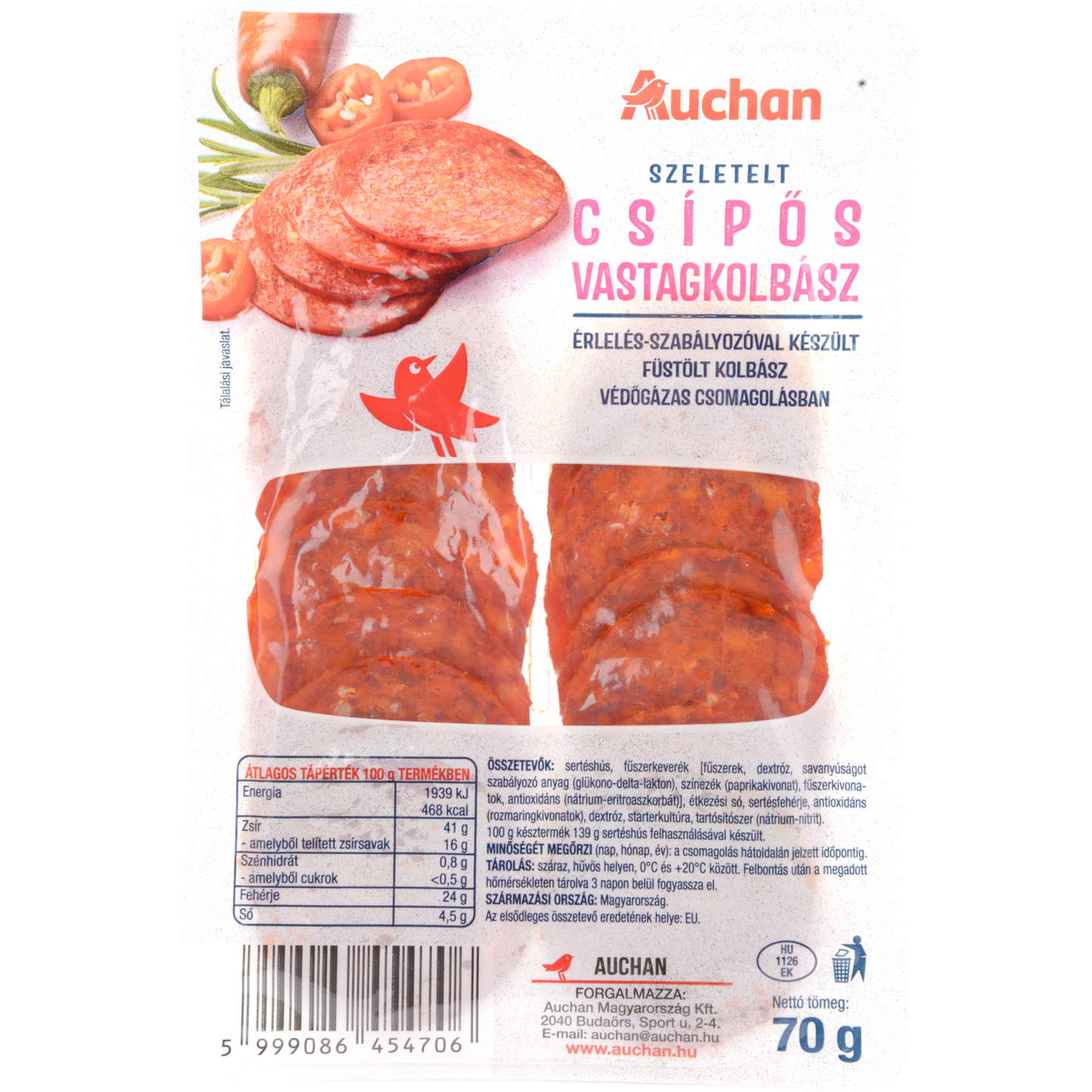 Auchan Kedvenc Csípős vastagkolbász szeletelt 70 g