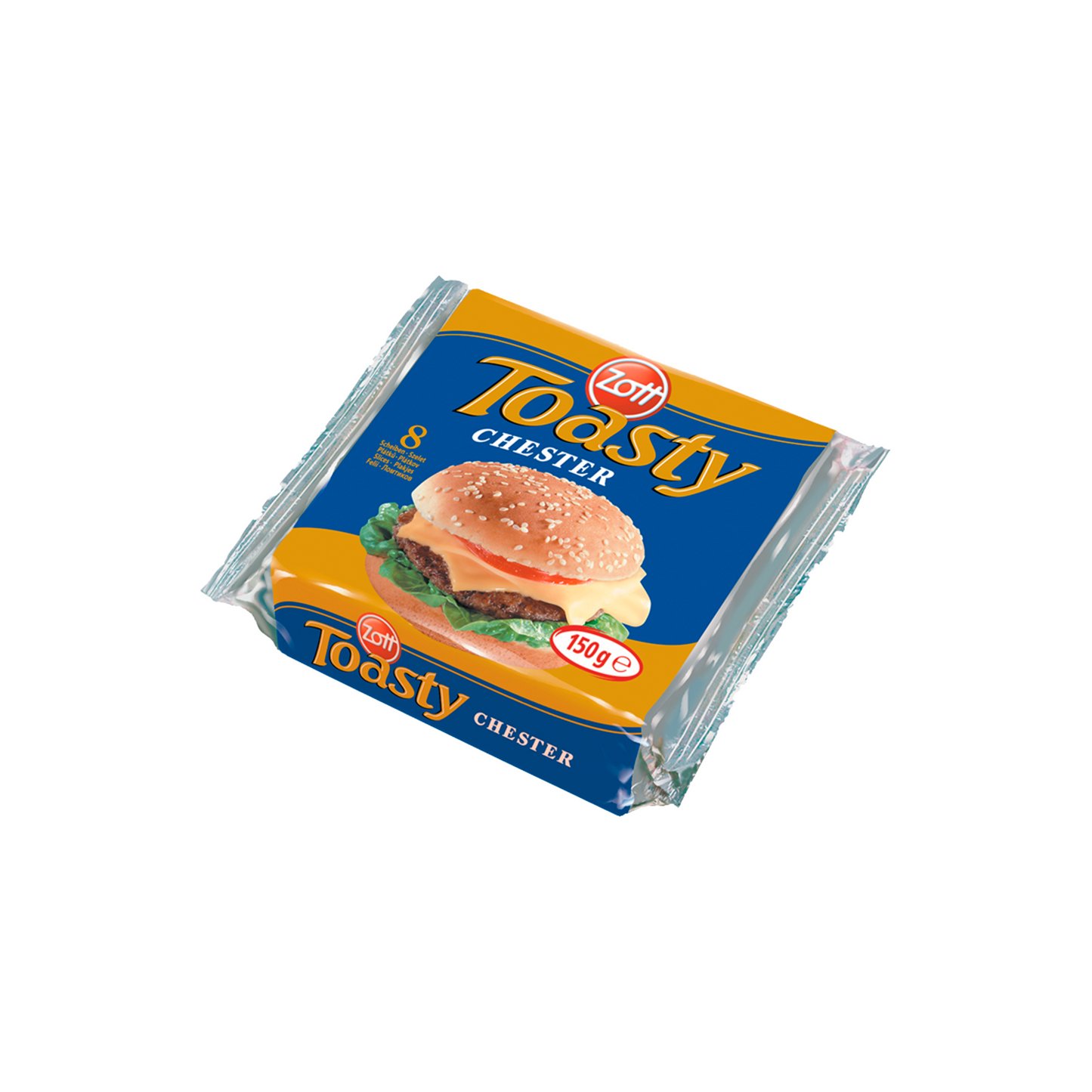Zott Toasty Chester szeletelt, cheddar ízű, zsíros ömlesztett sajt 8 x 18,75 g (150 g)