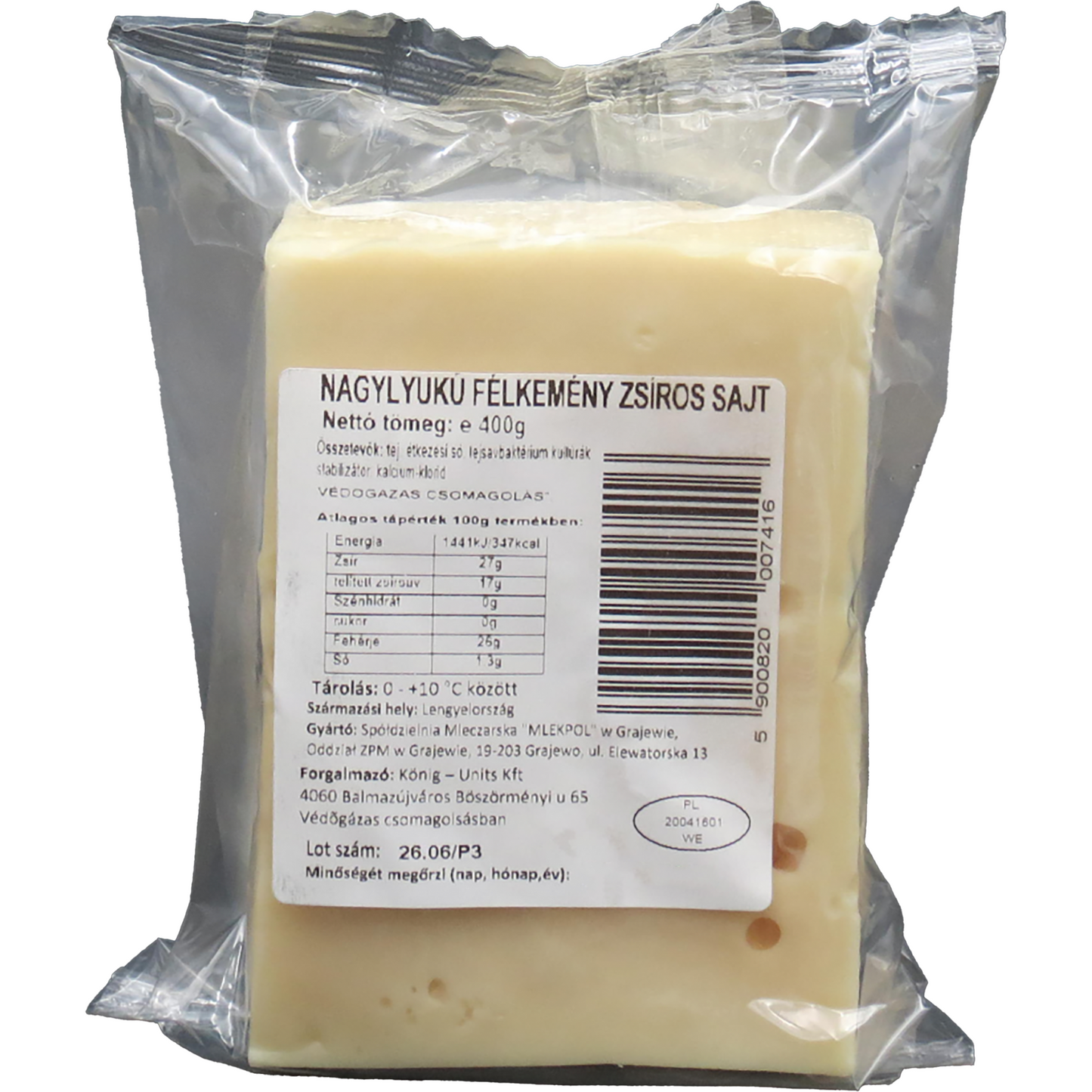 Mlekpol félkemény zsíros nagylyukú sajt 27% 400 g