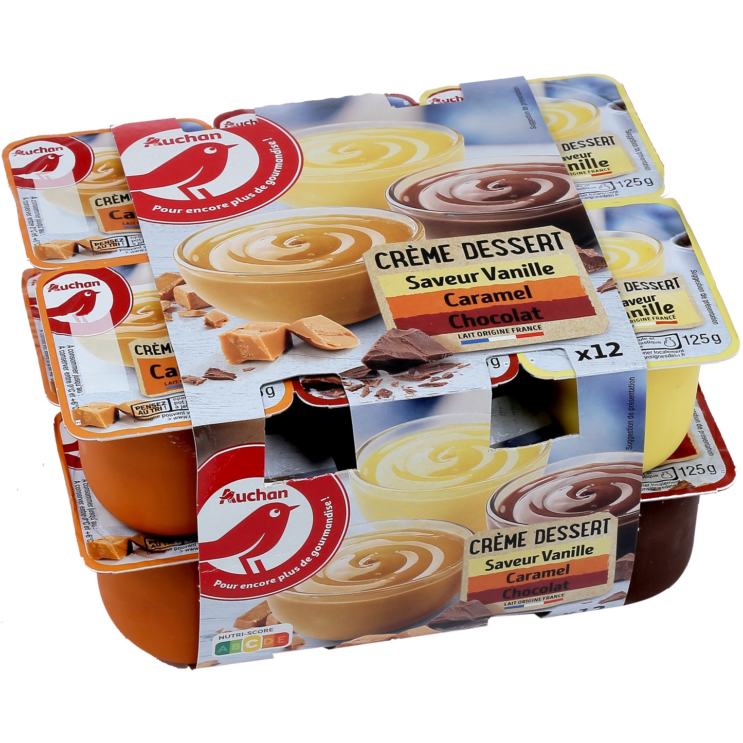 Auchan Kedvenc Csokoládé-, vanília - , karamell ízű, krémdesszert 12x125 g