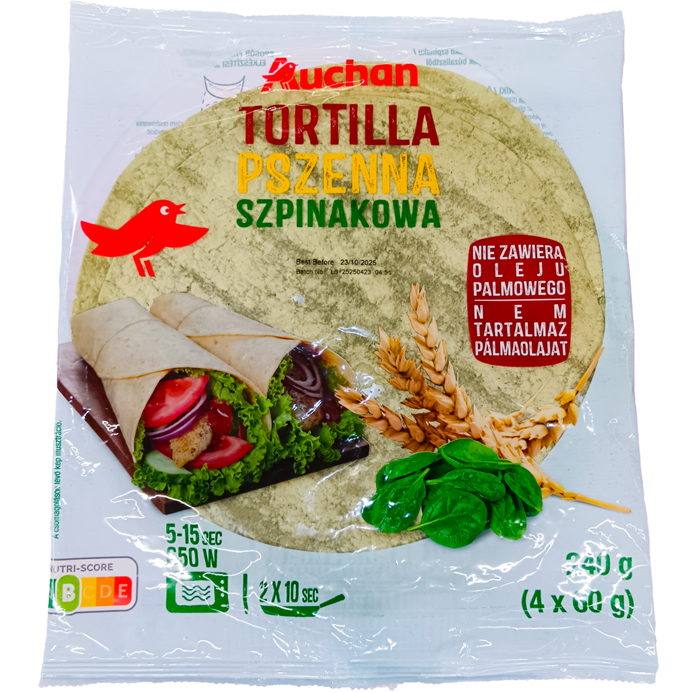 Auchan Kedvenc Spenótos tortilla lapok búzalisztből 240 g A csomagolás 4 db tortilla lapot tartalmaz