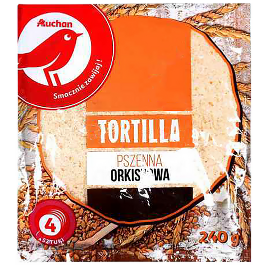 Auchan Kedvenc Tortilla lapok búzalisztből és teljes kiőrlésű tönkölybúzalisztből 240 g A csomagolás 4 db tortilla lapot tartalmaz