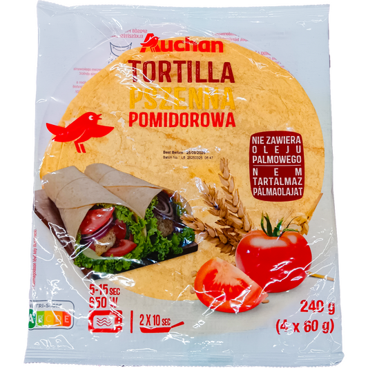 Auchan Kedvenc Paradicsomos tortilla lapok búzalisztből 240 g A csomagolás 4 db tortilla lapot tartalmaz