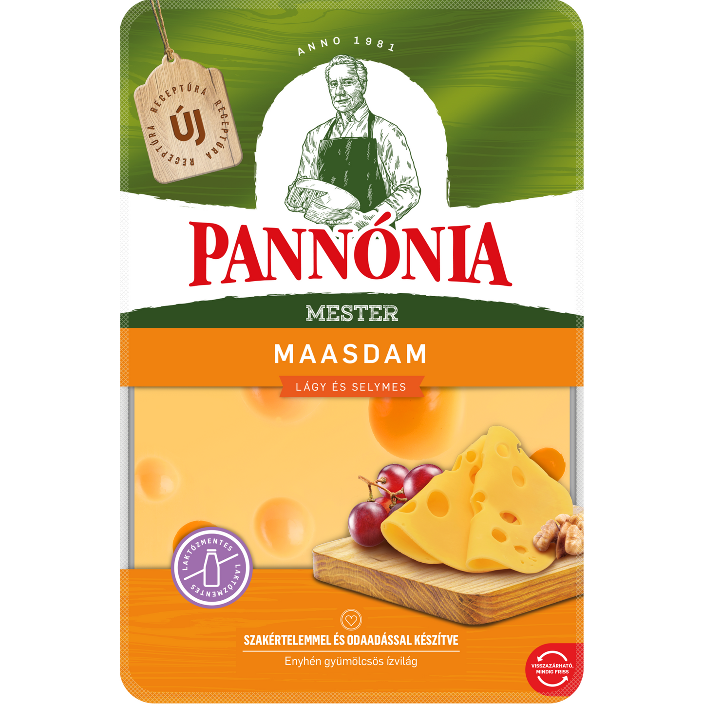 Pannónia Mester Maasdam szeletelt, zsíros, félkemény, erjedési lyukas sajt 125 g