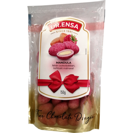 Pörkölt mandula fehér csokoládé-liofilizált málna bevonattal 150 g