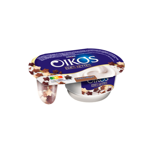 Danone Oikos Édes Kettes édesített joghurt vaníliaízű, csokoládéval bevont gabonacsillagokkal 102 g