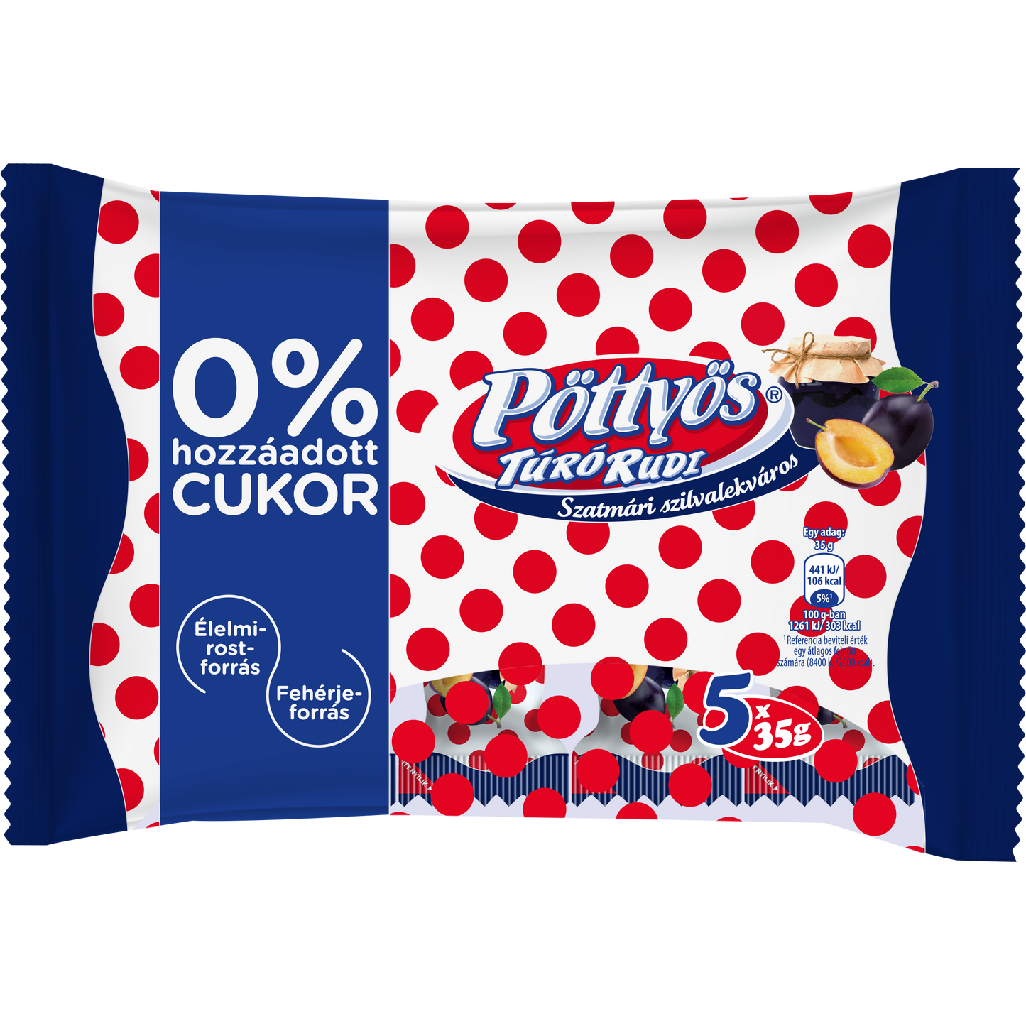 Pöttyös Túró Rudi desszertkészítmény szilvalekvárral, hozzáadott cukor nélkül 5 x 35 g (175 g)