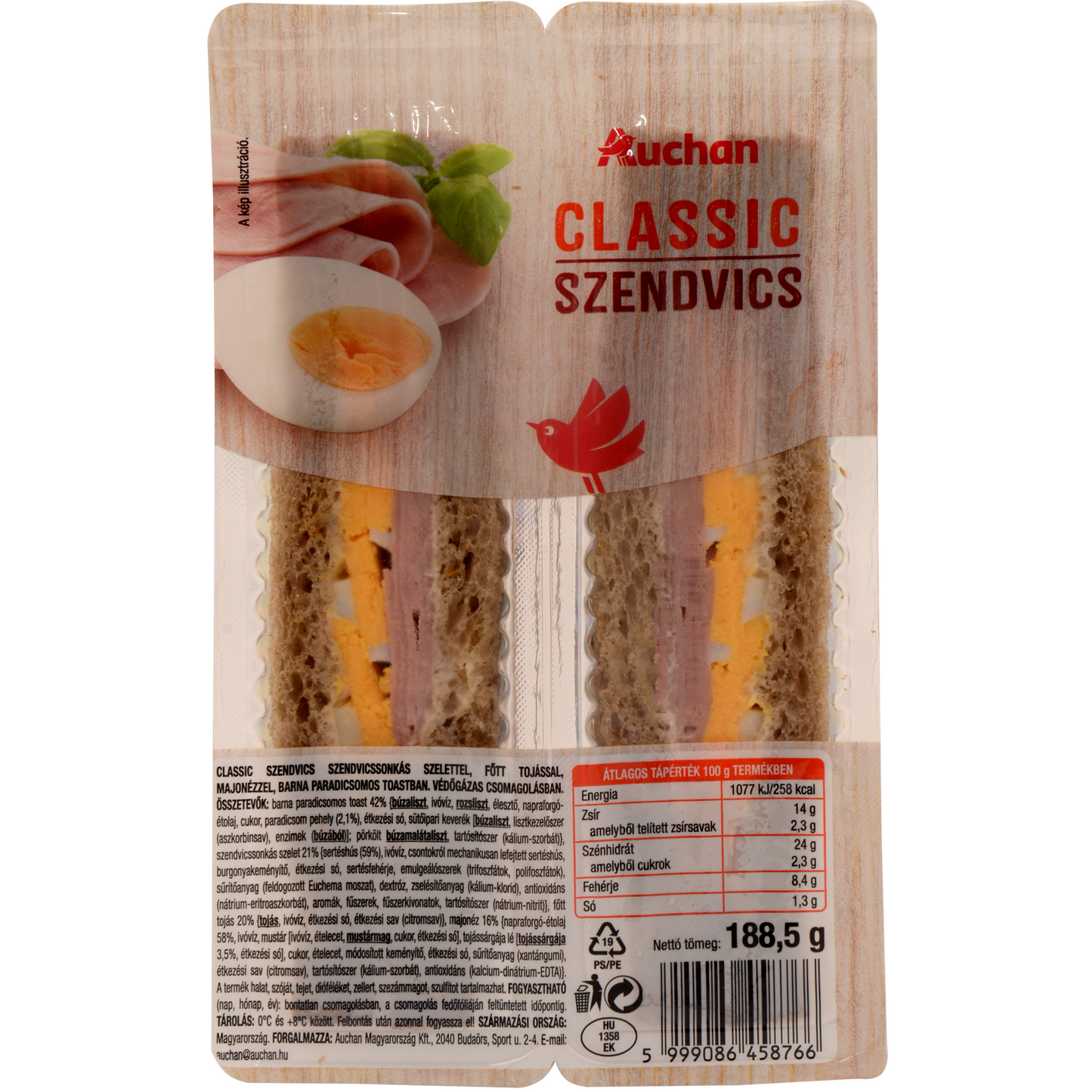 Auchan Kedvenc Classic szendvics sajt-sonka 188,5 g