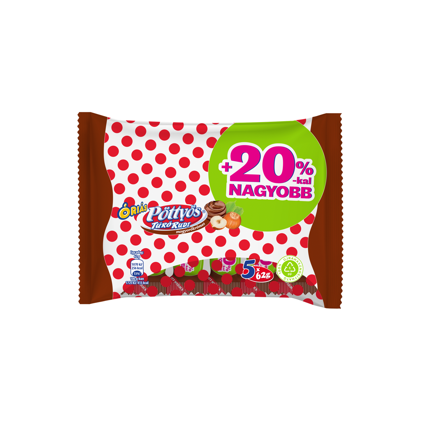 Pöttyös Óriás Túró Rudi mogyorókrémes túródesszert kakaós étbevonattal 5 x 62 g (310 g)