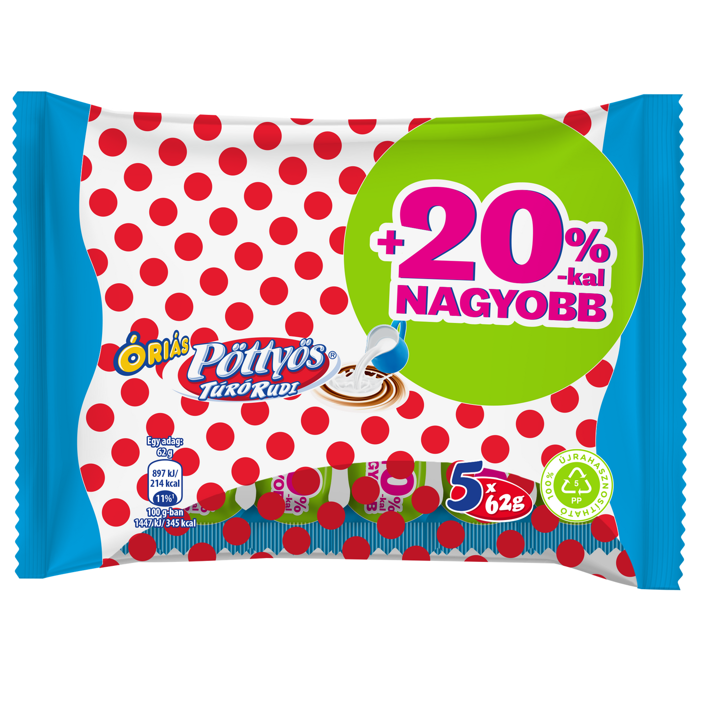 Pöttyös Óriás Túró Rudi natúr túródesszert tejes bevonattal 5 x 62 g (310 g)