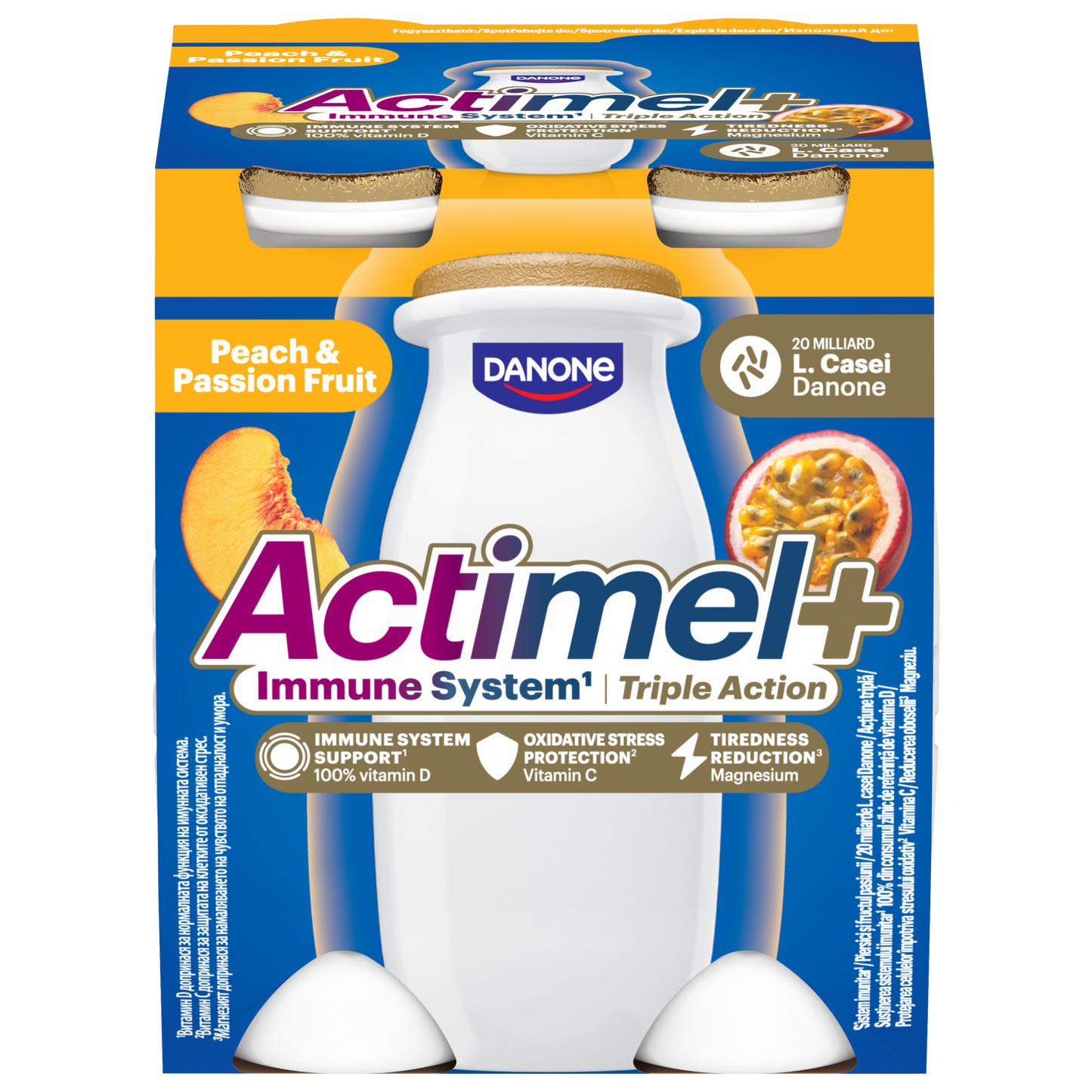 Danone Actimel+ őszibarack- és maracujaízű zsírszegény joghurtalapú ital 4 x 100 g (400 g)