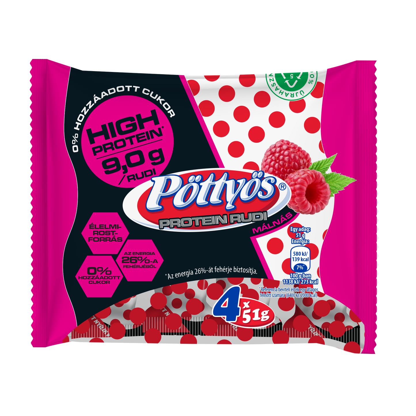 Pöttyös Protein Túró Rudi málnás túródesszert kakaós étbevonattal, édesítőszerekkel 4 x 51 g (204 g)