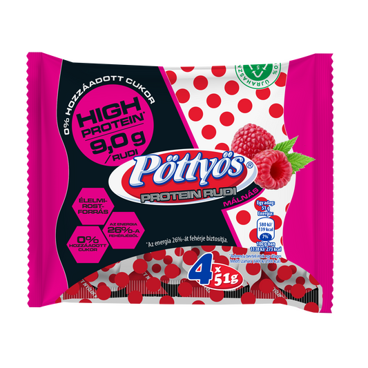Pöttyös Protein Túró Rudi málnás túródesszert kakaós étbevonattal, édesítőszerekkel 4 x 51 g (204 g)