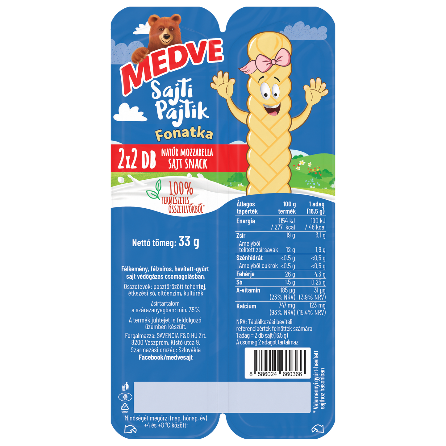 Medve Sajti Pajtik Fonatka natúr mozzarella sajt snack 4 db 33 g