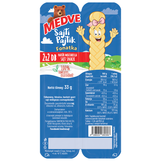 Medve Sajti Pajtik Fonatka natúr mozzarella sajt snack 4 db 33 g