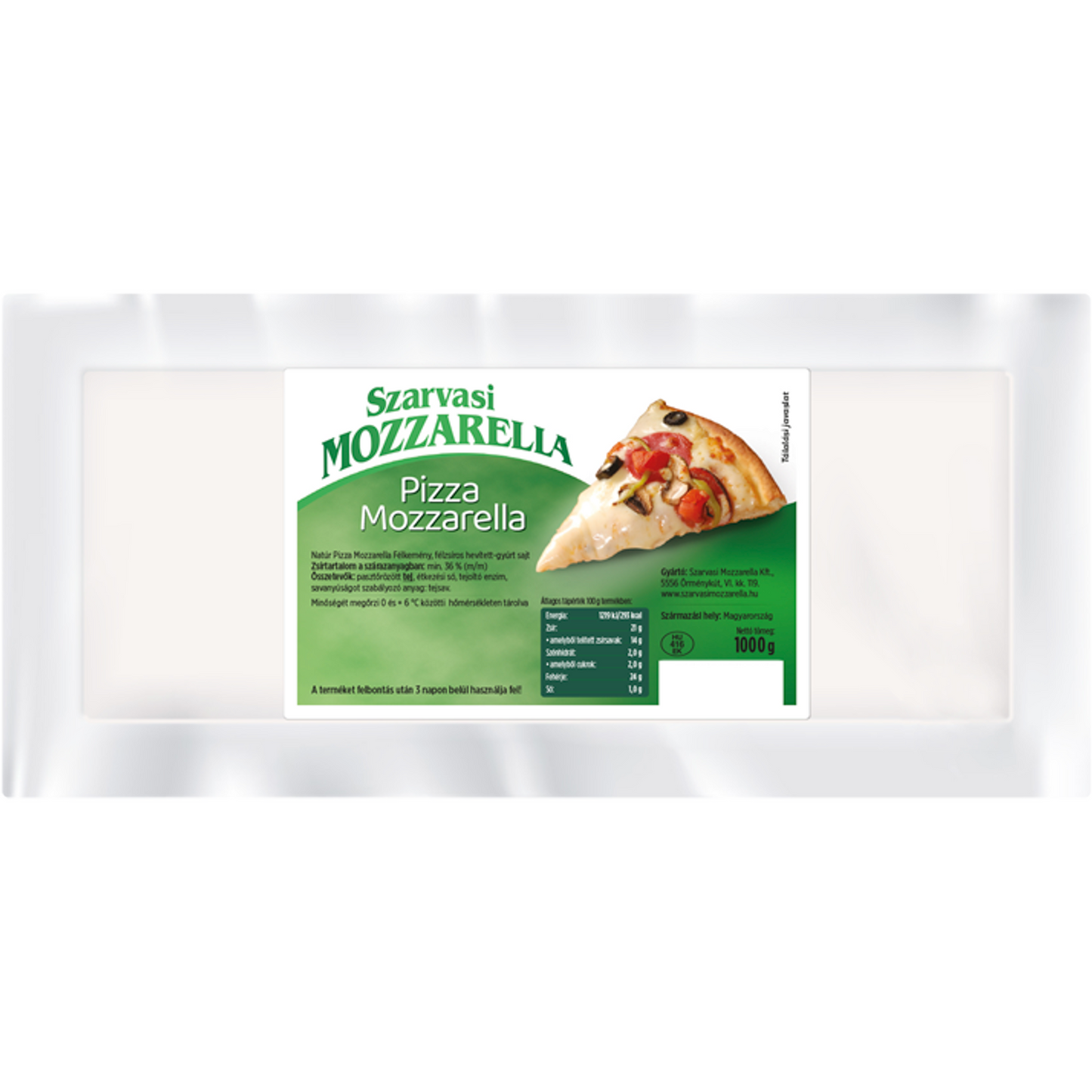 Szarvasi Mozzarella natúr pizza mozzarella félkemény, félzsíros hevített-gyúrt sajt 1000 g