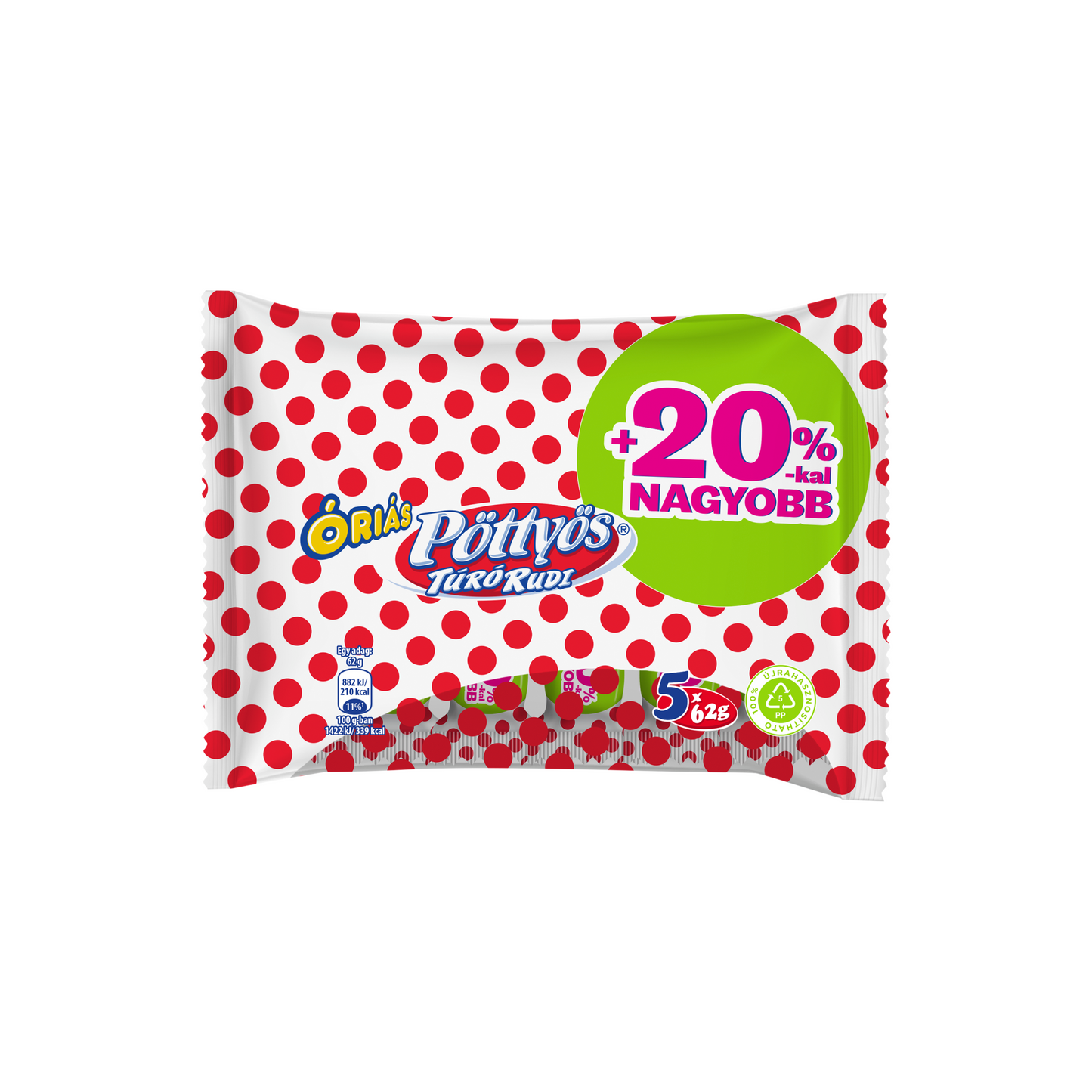 Pöttyös Óriás Túró Rudi natúr túródesszert kakaós étbevonattal 5 x 62 g (310 g)