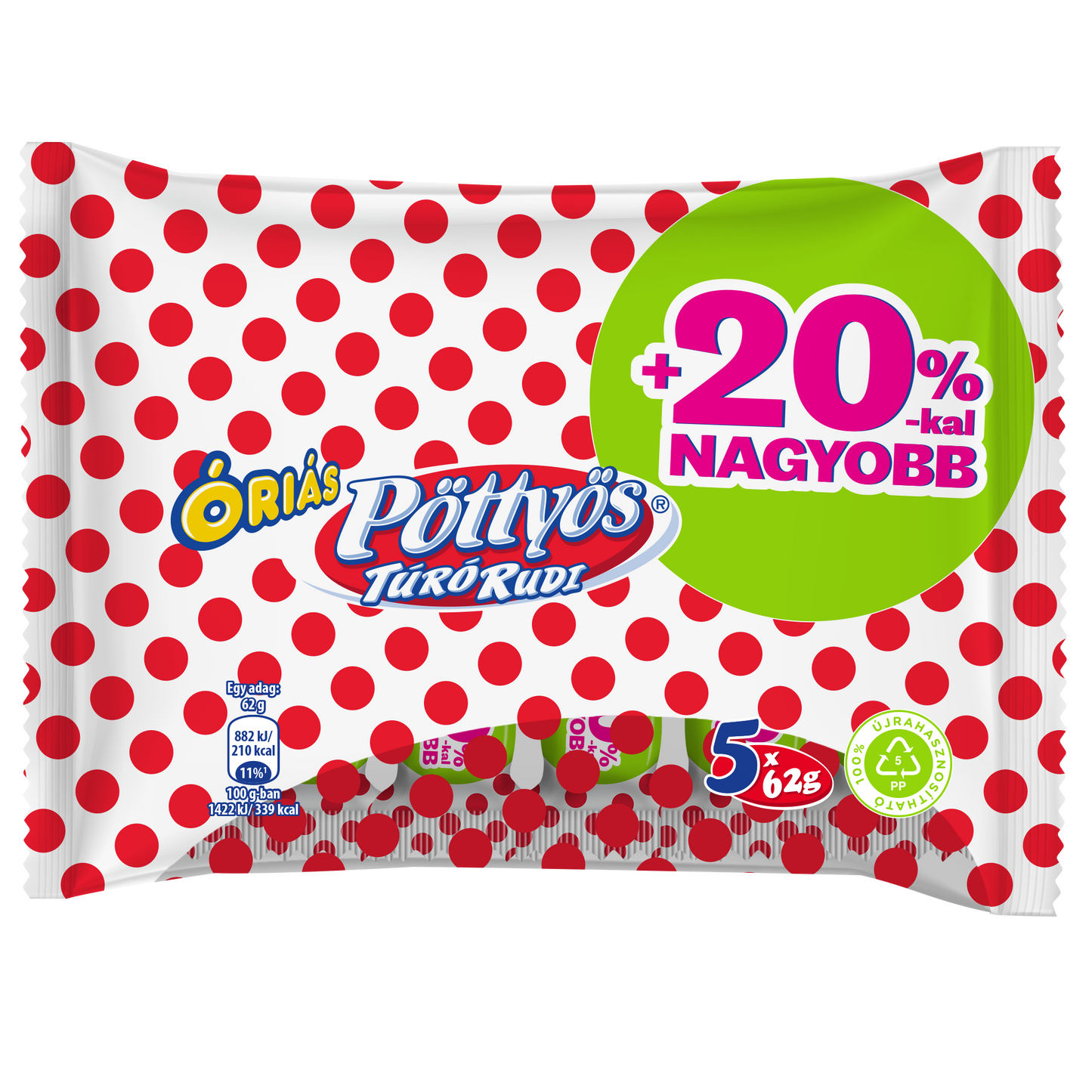 Pöttyös Óriás Túró Rudi natúr túródesszert kakaós étbevonattal 5 x 62 g (310 g)