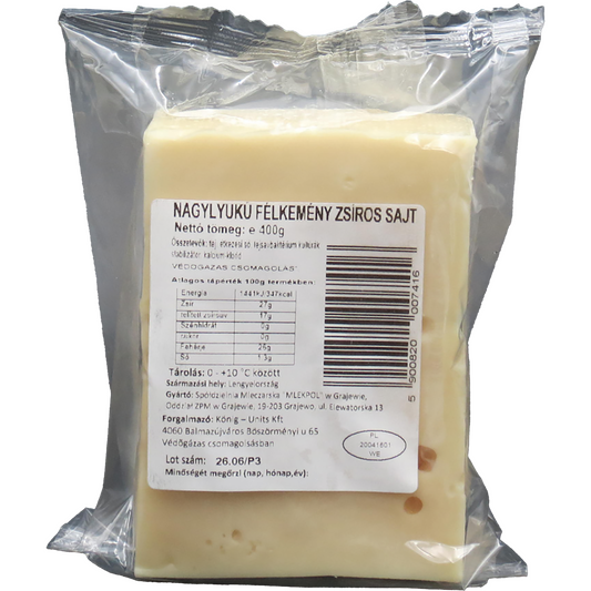 Mlekpol félkemény zsíros nagylyukú sajt 27% 400 g