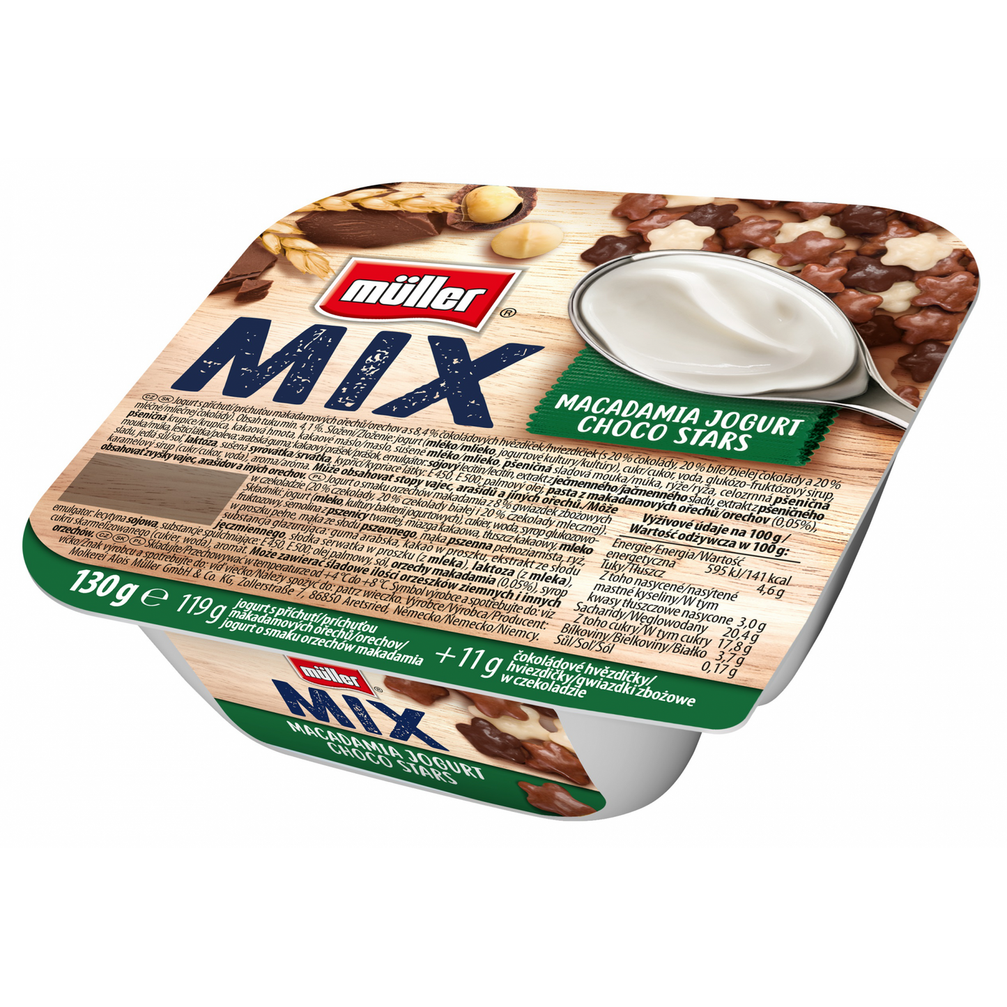 Müller Mix makadámia dió ízesítésű joghurt csokoládéval bevont gabona készítménnyel 130 g