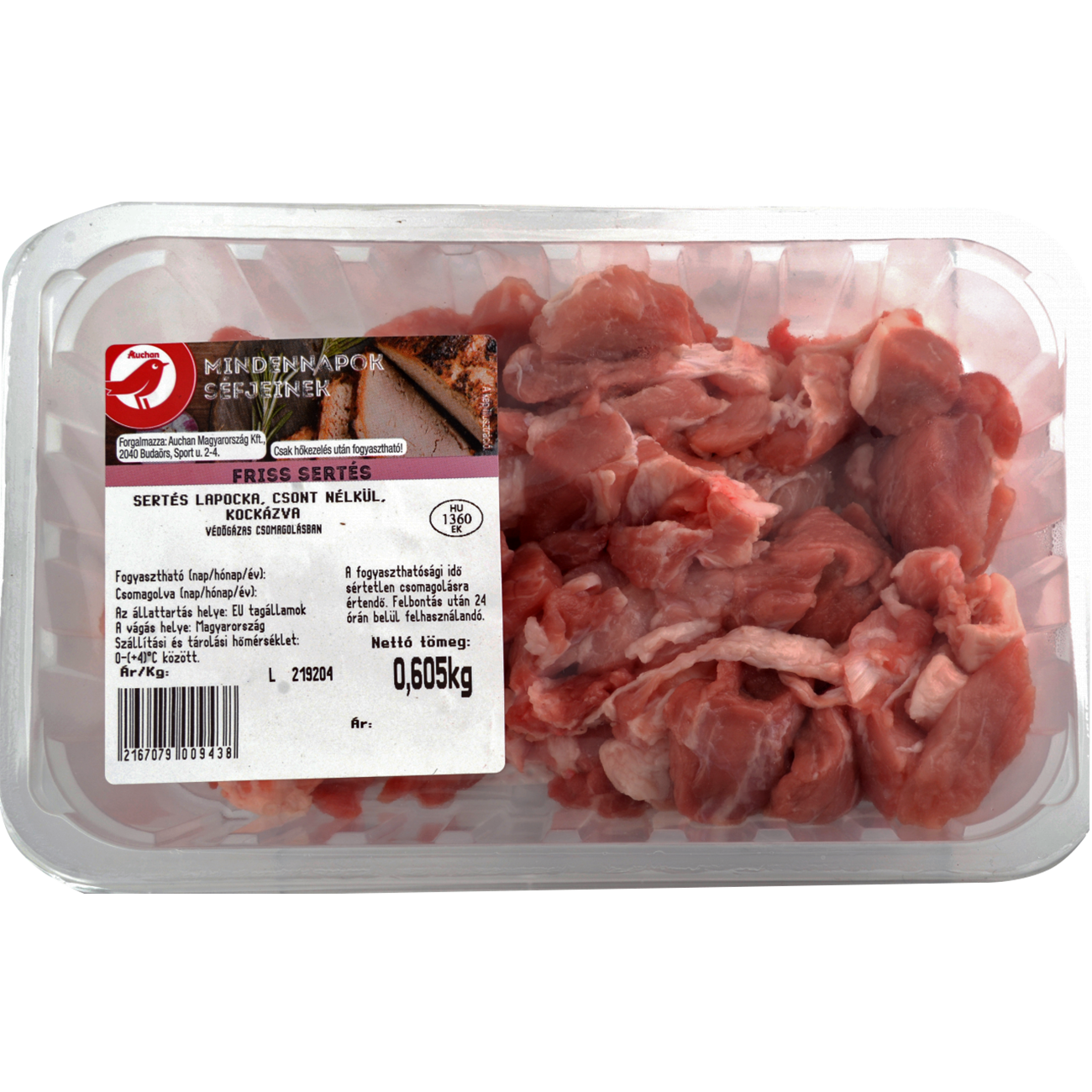 Auchan Kedvenc sertés lapockacsont nélkül kockázva védőgázas csomagolásban