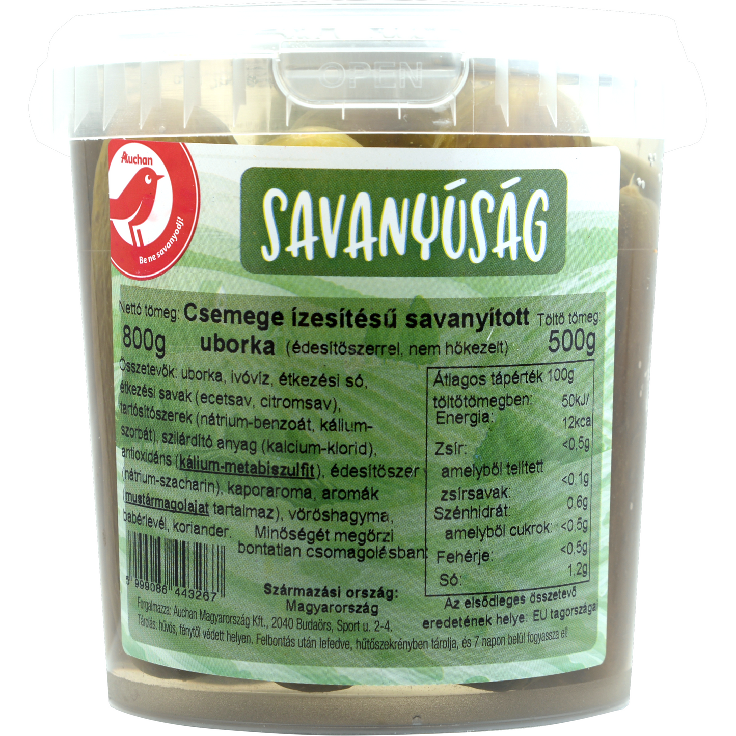 Auchan Kedvenc Csemege ízesítésű savanyított uborka vödrös 500 g